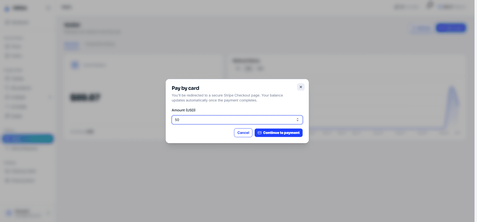 Pay by card dialog — enter amount, redirect to Stripe
