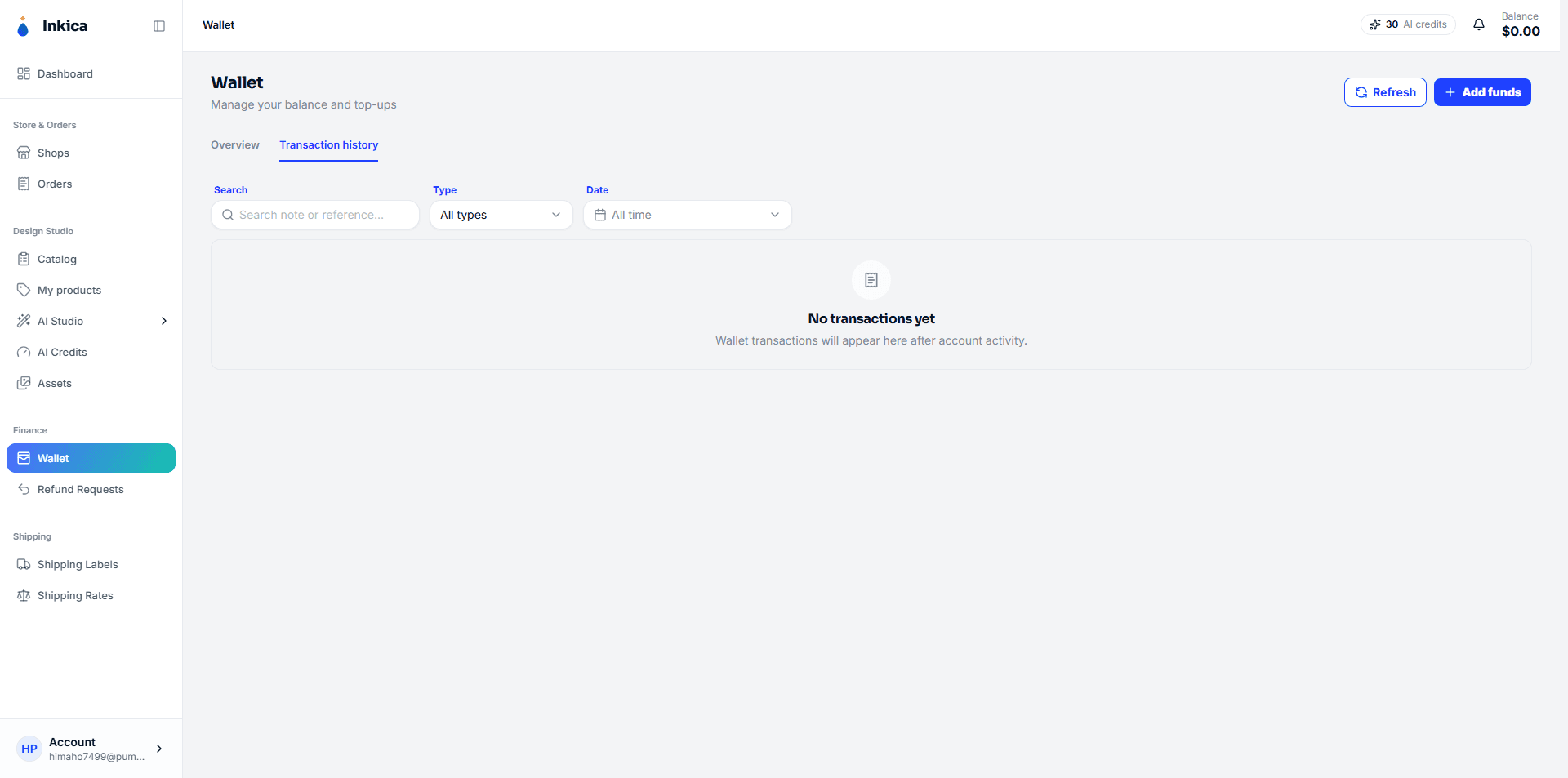 Transactions tab — transaction history